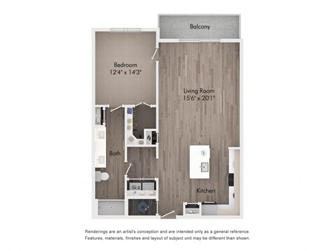 Floor plan for 1 bed, 1 bath, 953 sqft